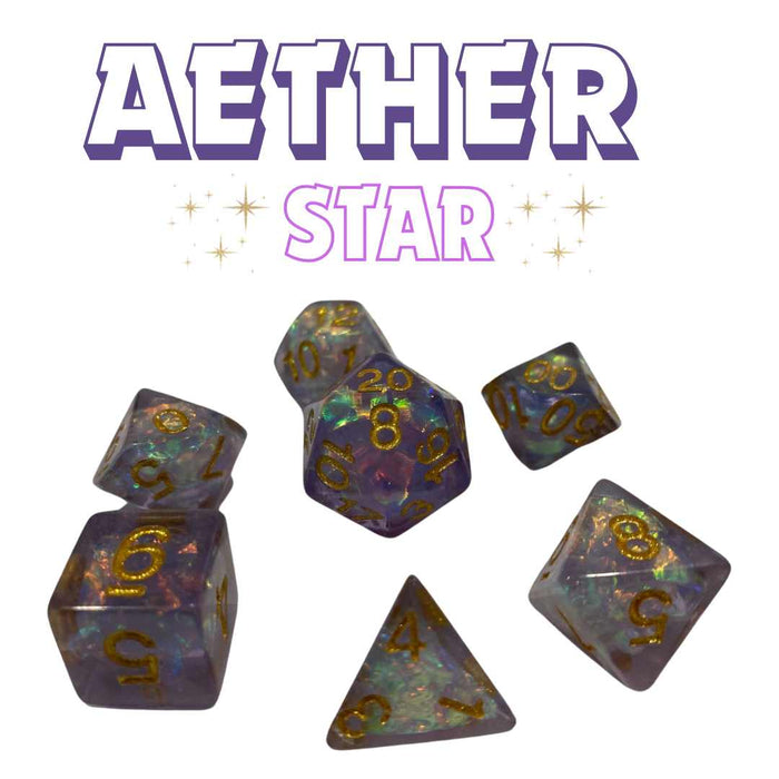 Aether Star - Slight Purple Pink Semi Translucent with Holographic Inclusions Gold Numbering Polyhedral Dice Set