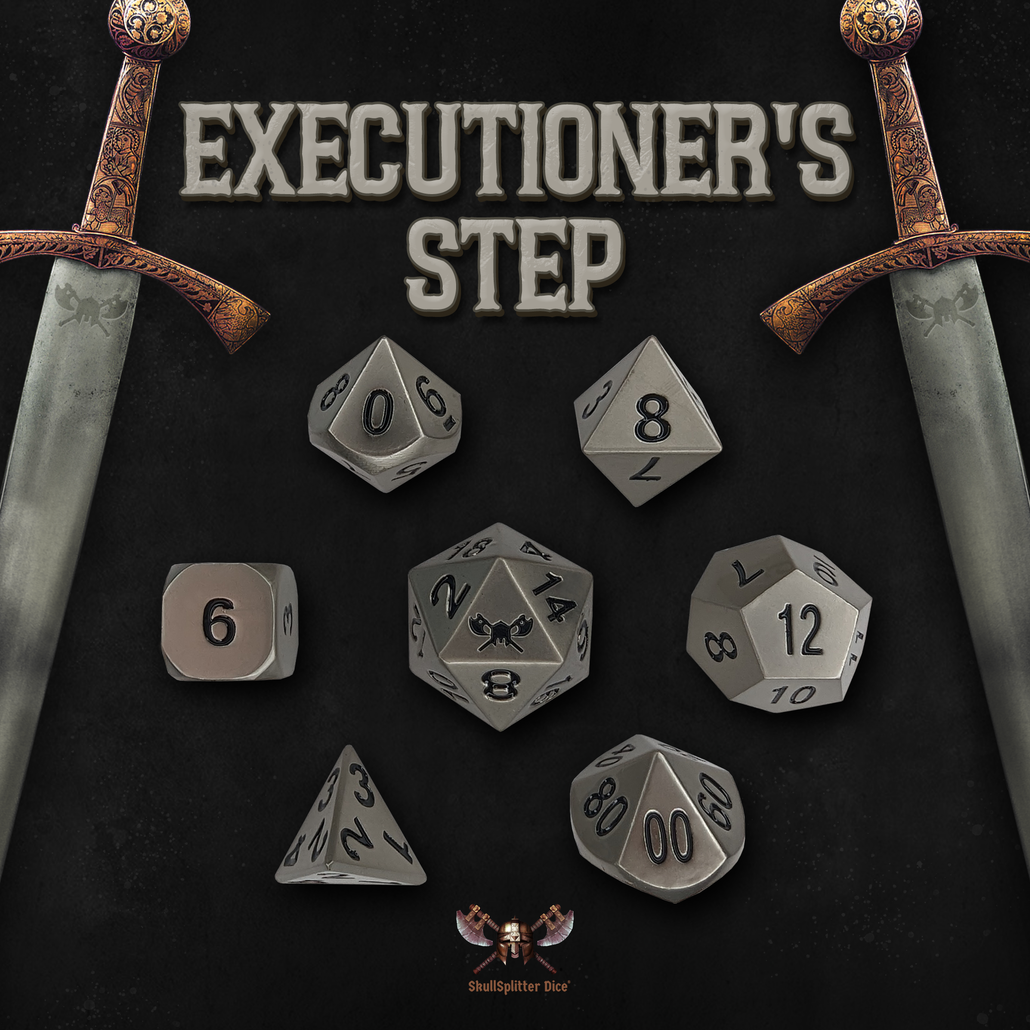 Executioner's Step | Dull Silver Color with Black Numbers Metal Dice (7 Die in Pack)
