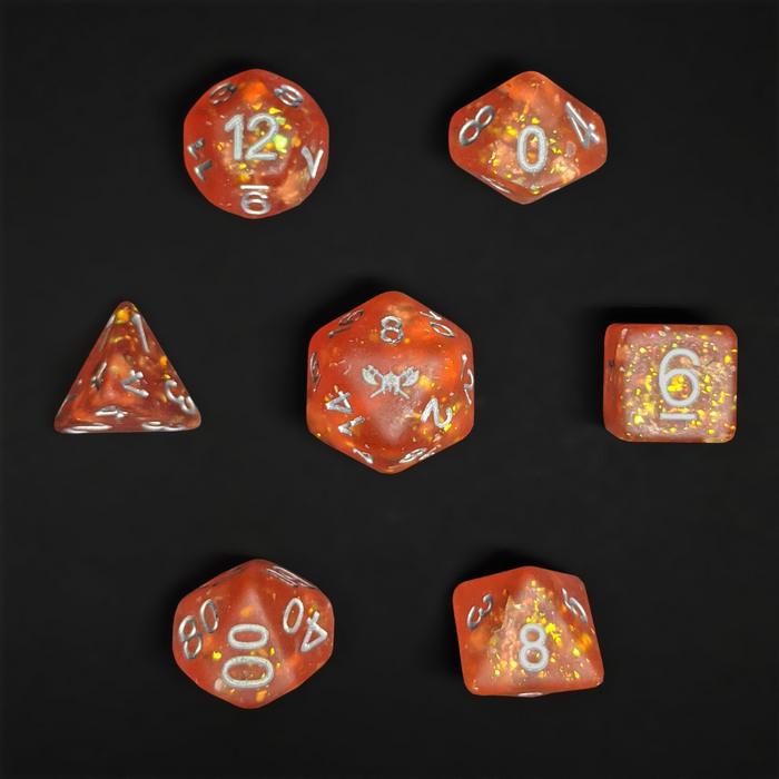 Frosted Andrar's Fury™️ - Orange with Foil Inclusions and Silver Numbers Dice Set