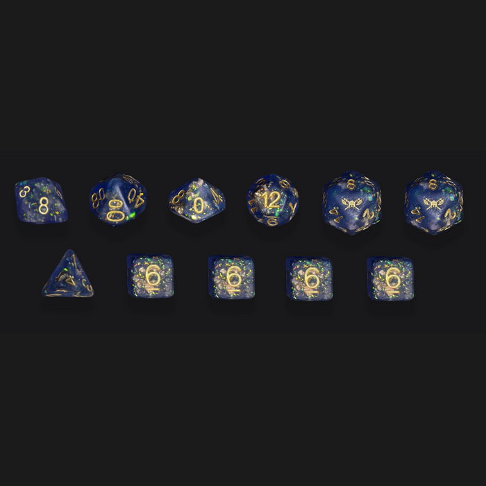 Frosted Mermaid's Blessing™️ - Dark Blue with Foil Inclusions and Gold Numbers Dice Set