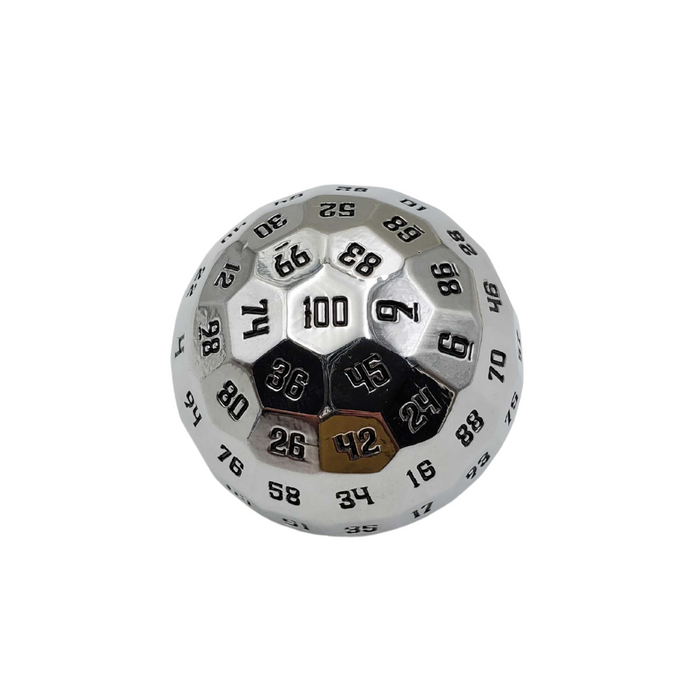 Metal 100 Sided Polyhedral Dice (D100) | Chrome Color with Black Numbering
