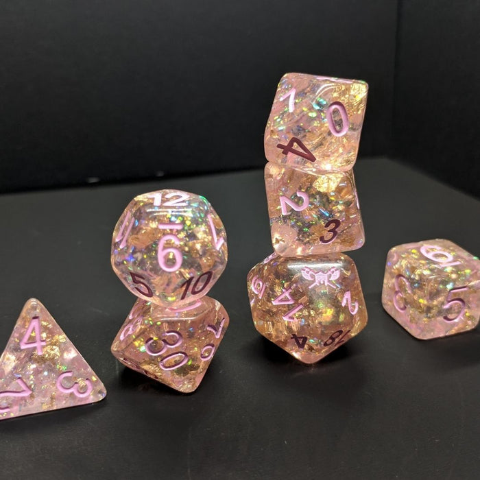 Pixie's Promise™️ - Light Pink with Foil Inclusions and Pink Numbers Dice Set