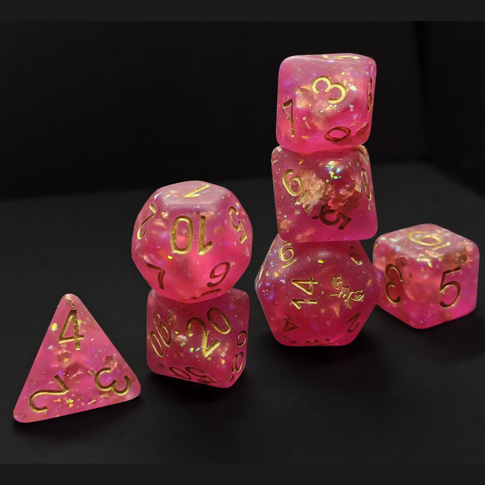 Frosted Pixie's Treasure™️ - Dark Pink with Foil Inclusions and Gold Numbers Dice Set