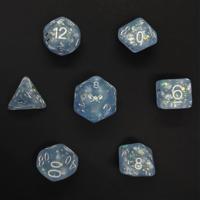 Snow Huntress™️ - Frosted Light Blue with Foil Inclusions and Gold Numbers Dice Set