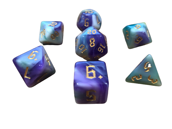 Aether Brew - Purple Green Yellow and White Semi Translucent with Gold Numbering Polyhedral Dice Set