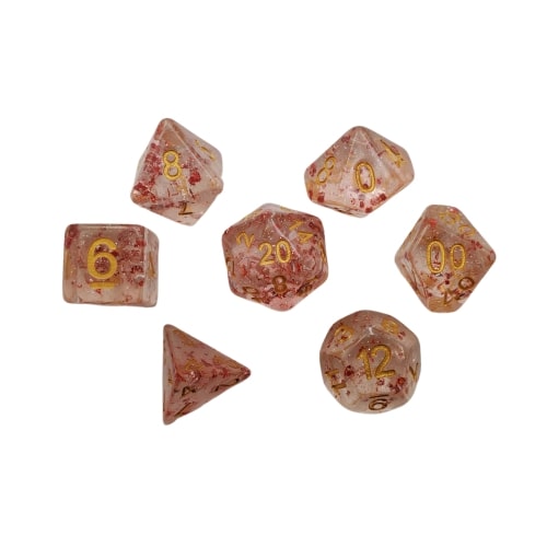 translucent with red swirls with gold numbering Set of Dice for RPGs