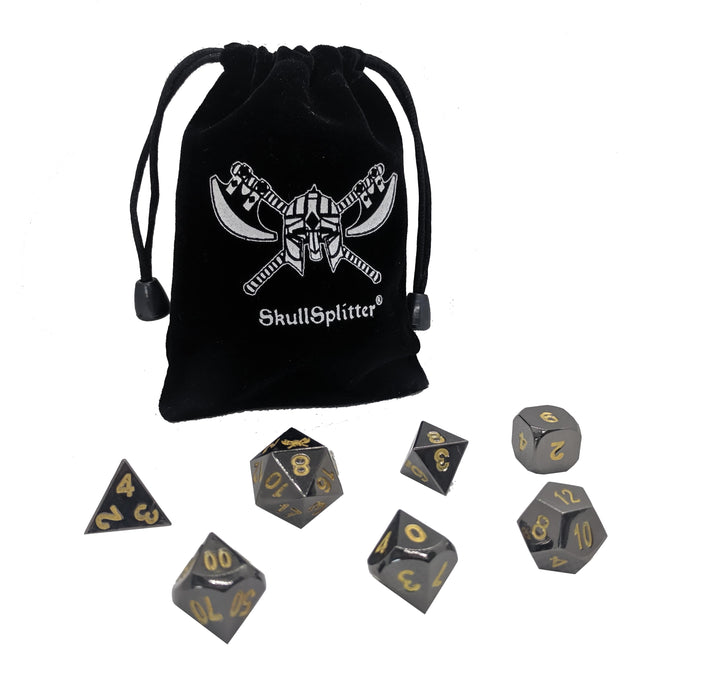 Hope's Glimmer - Shiny Black Nickel with Gold Color Numbers Metal Dice  - 7 Piece Set with Velvet Dice Bag