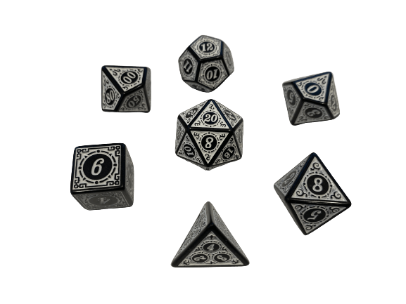 Light Artificer -Steam Punk Style White Numbers and Design Polyhedral RPG Dice Set