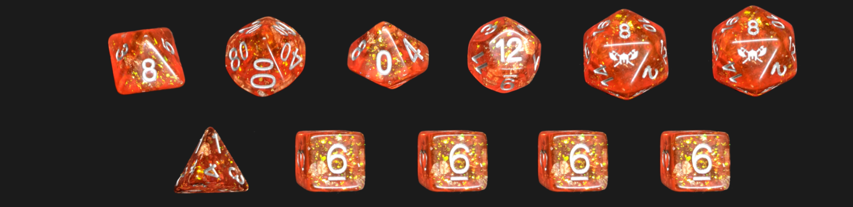 Andrar's Fury™️ - Orange with Foil Inclusions and Silver Numbers Dice Set