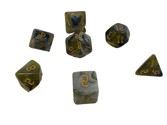 Spore - White Black and Yellow Swirl Semi Translucent and Gold Numbering Polyhedral Dice Set