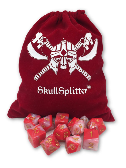 Huntress- Red and White Swirl Color with Gold Numbers - Limited Edition Set of 11 Polyhedral Role Playing Game Dice