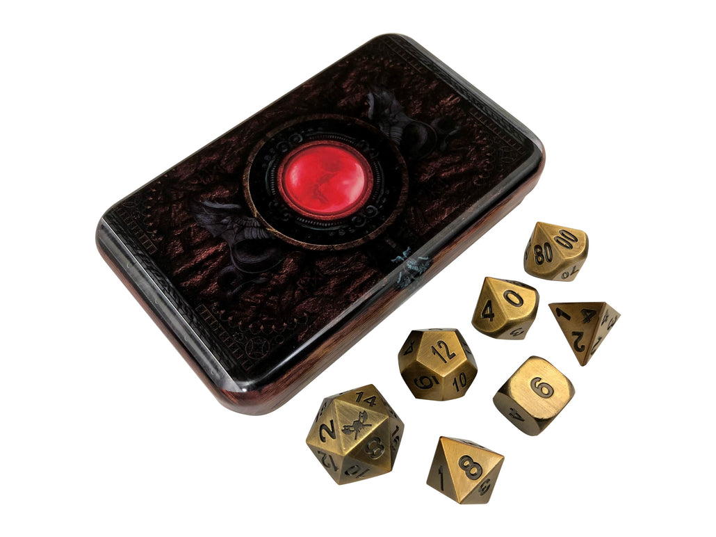 Warlock Tome with Antique Gold Color Metal Dice