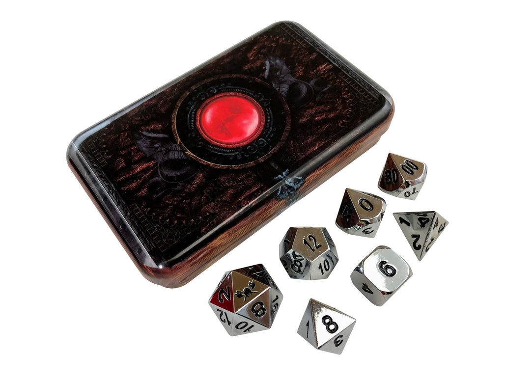 Warlock Tome with Shiny Chrome / Silver Color with Black Numbering Metal Dice