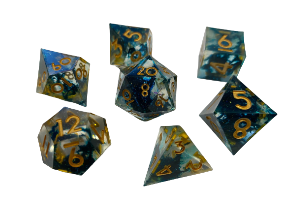 Dapper Mermaid - A Touch of Gold Color Foil Inclusions Blue Nebulous with Gold Numbering 7pc Sharp-Edge Dice Set