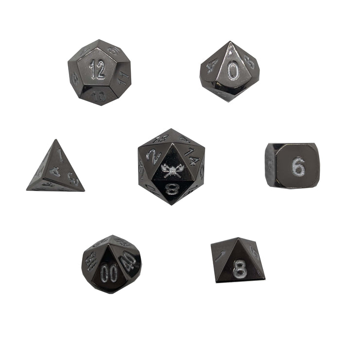 Werewolf's Bane ™️ - Shiny Black Nickel with Silver Numbering  Metal Dice (7 Die in Pack) with small velvet bag
