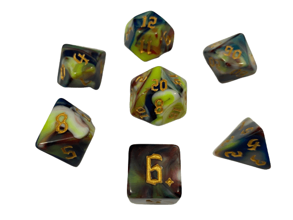 Eye of Newt -Green White Red Swirl with Gold Magical Font Numbers Polyhedral RPG Dice Set