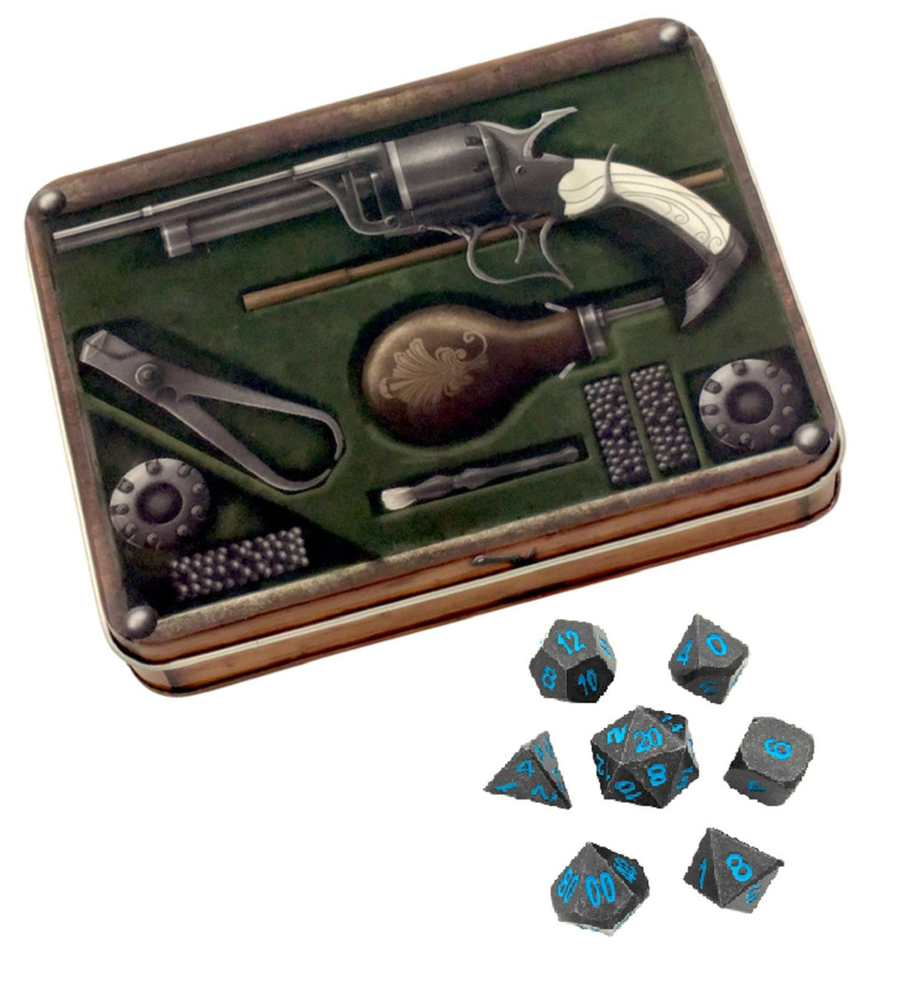 Slinger's Kit with Ice King's Revenge | Industrial Gray with Blue Numbers Metal Dice