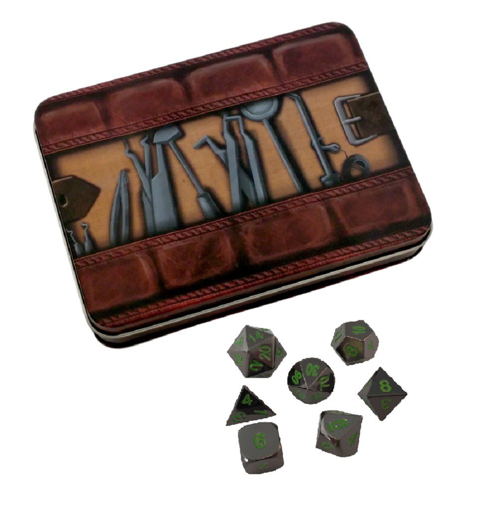 Thieves' Tools with Black Dragon | Shiny Black Nickel with Green Numbering Metal Dice
