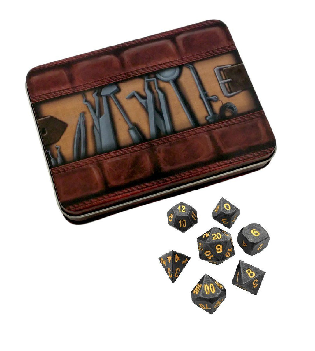 Thieves' Tools with Hunger of the Ancients | Industrial Gray Color with Gold Numbering Metal Dice