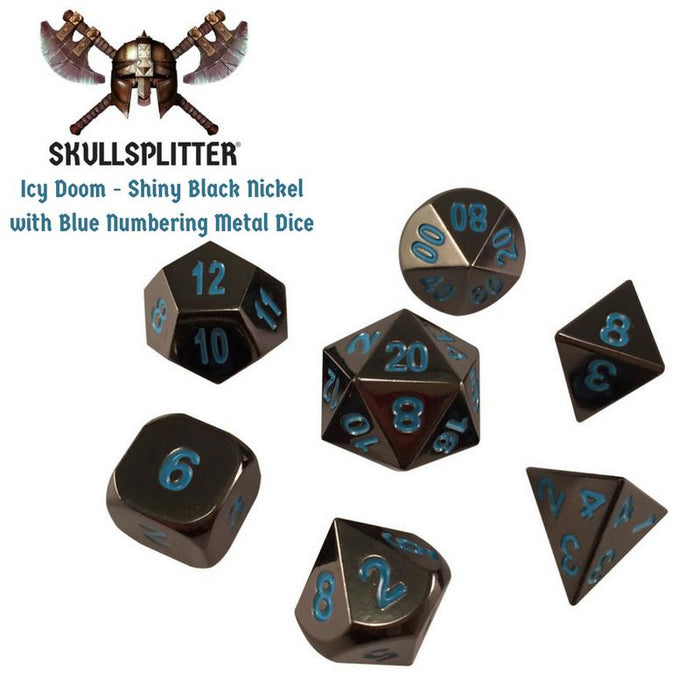 Metal Dice - Thieves' Tools With Icy Doom | Shiny Black Nickel With Blue Numbering Metal Dice