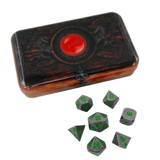 Metal Dice - Warlock Tome With Rackne's Curse | Industrial Gray With Green Numbers Metal Dice
