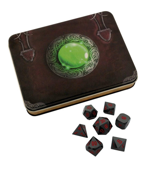 Metal Dice - Wizard's Grimoire With Smoke And Fire | Shiny Black Nickel With Red Numbers Metal Dice
