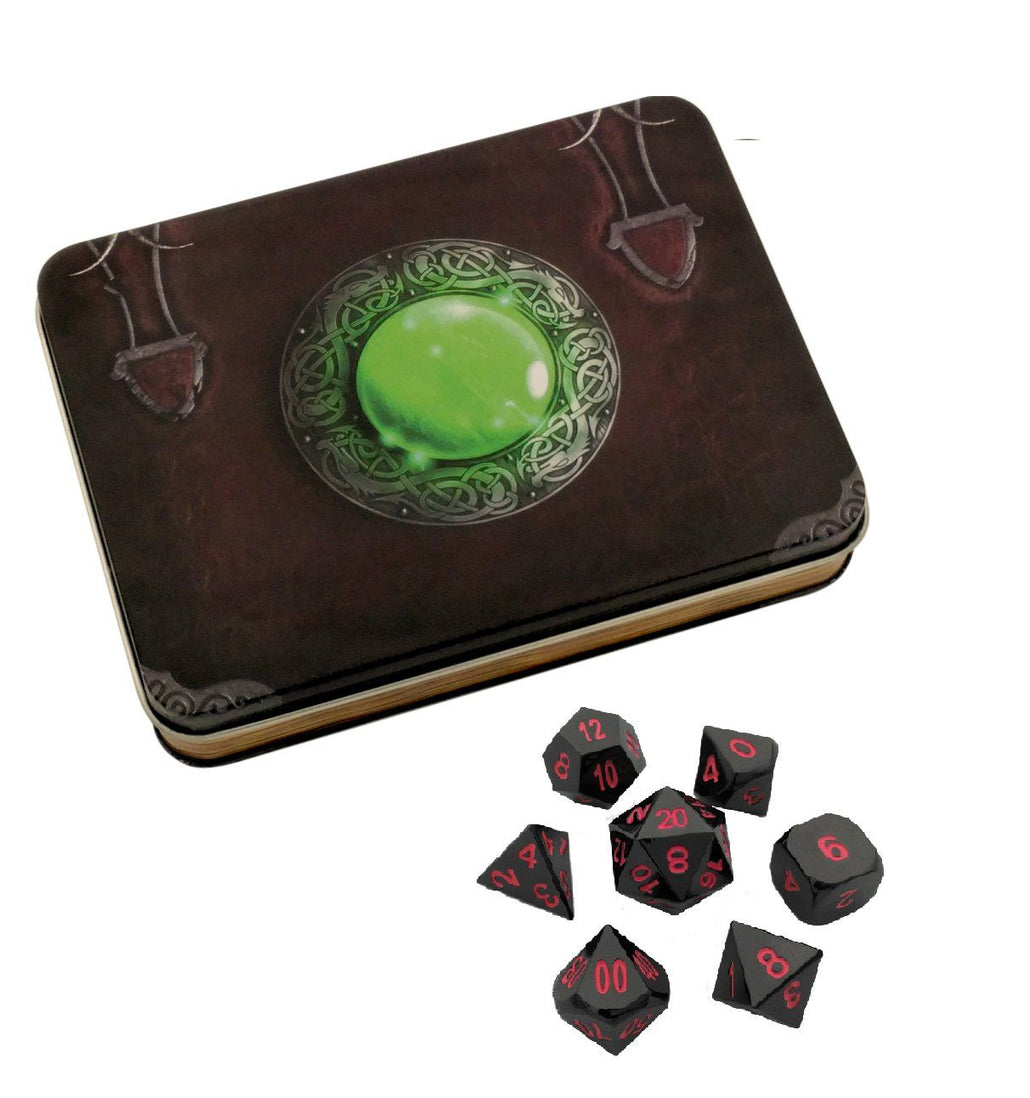 Wizard's Grimoire with Umbral Fae | Shiny Black Nickel Finish with Pink Numbering Metal Dice Set