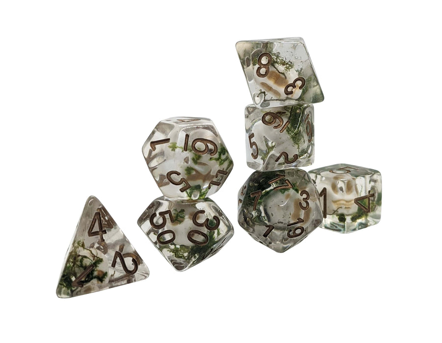 Skull Dice - Translucent with Skulls and Copper Numbering Dice Set