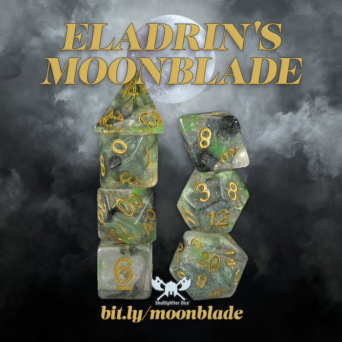 Eladrin's Moonblade - Translucent with Green and Black Swirl and Glitter with Gold Numbers RPG Set of Dice
