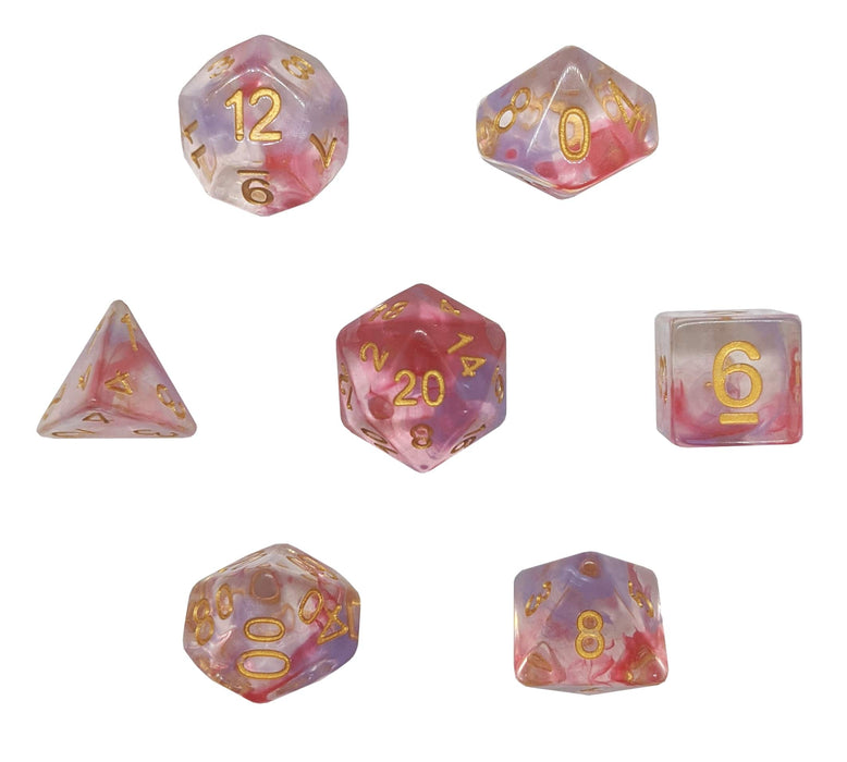 Echoes of the Fairy Queen™️ - Translucent Pink and Purple Swirl with Gold Numbering Dice Set