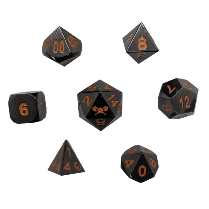 Witch's Rune Stones™️ - Shiny Black Nickel with Orange Color Numbers Metal Dice  - 7 Piece Set with Velvet Dice Bag