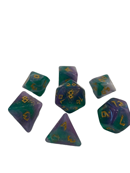 Aether Fae - Green, Purple and White Swirl with Shimmer Gold Numbering Polyhedral Dice Set