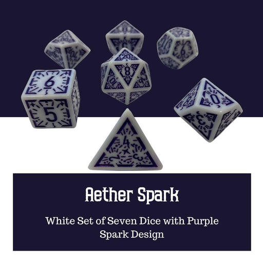 Aether Spark - White Set of Seven RPG Dice Set with Purple Spark Design