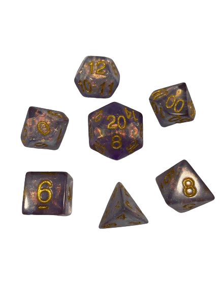 Aether Star - Slight Purple Pink Semi Translucent with Holographic Inclusions Gold Numbering Polyhedral Dice Set