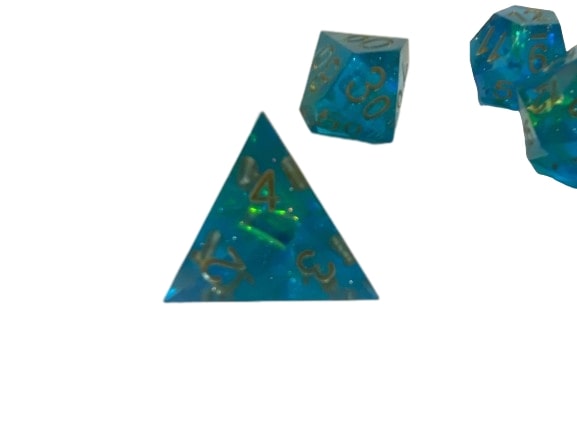 Mermaid Pools - Light Blue with Gold Color Foil Inclusions Shimmer with Gold Numbering 7pc Sharp-Edge Dice Set