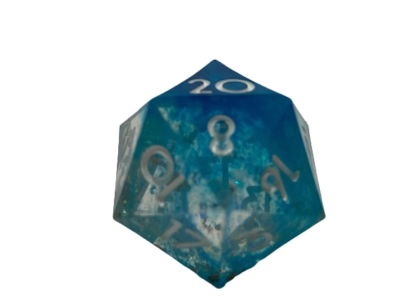 Mermaids Loss - Translucent with Nebulous Light Blue and Gold Color Sparkle Inclusions with White Numbering 7pc Sharp-Edge Dice Set