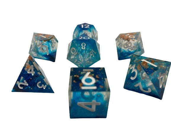 Mermaids Loss - Translucent with Nebulous Light Blue and Gold Color Sparkle Inclusions with White Numbering 7pc Sharp-Edge Dice Set