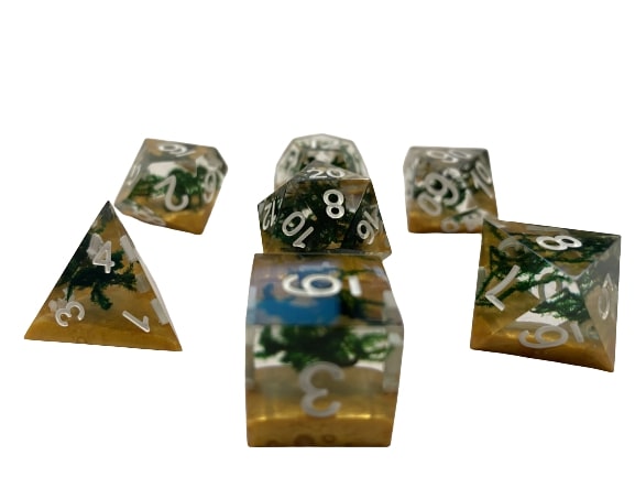 Sunwashed Beach - Translucent with Sand and Seaweed inclusions with White Numbering 7pc Sharp-Edge Dice Set