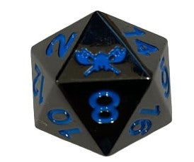 Single D20 - SkullSplitter Logo Icy Doom | Shiny Black Nickel with Blue Numbers Metal Dice