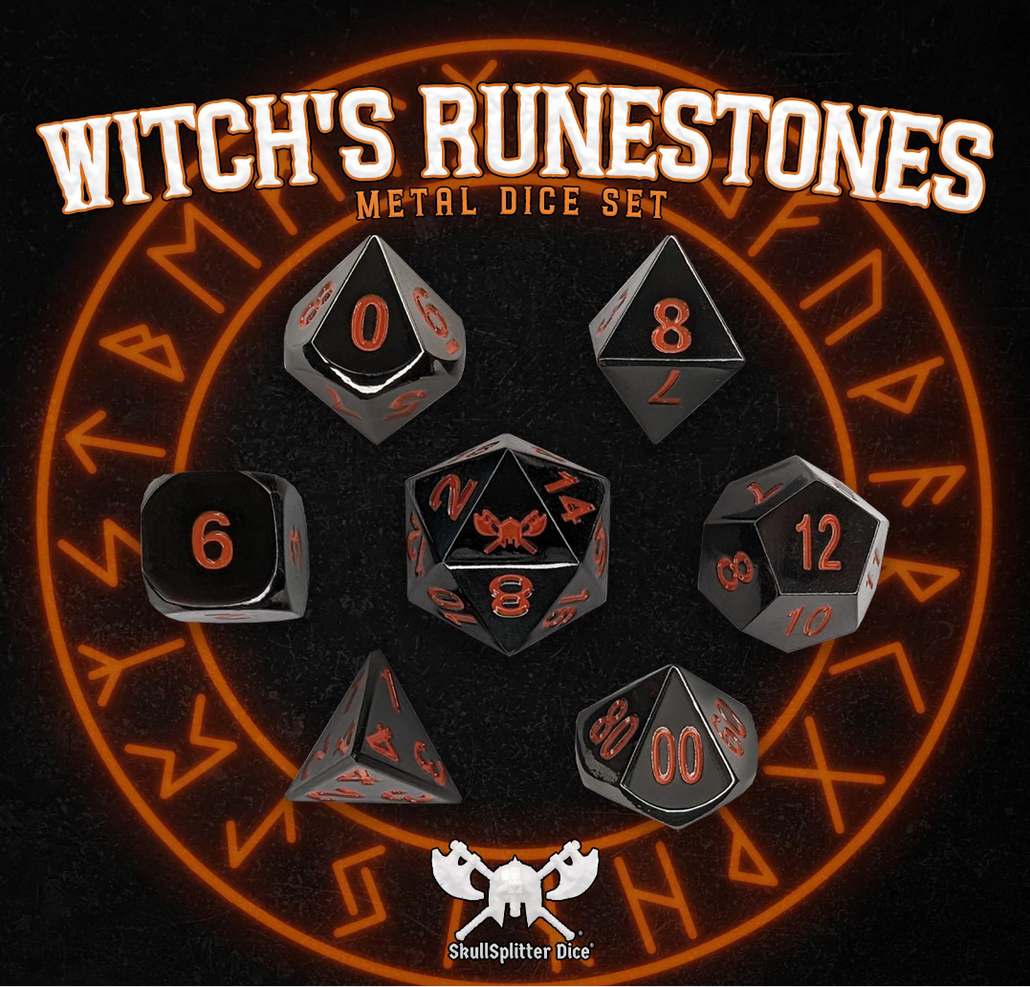 Witch's Rune Stones™️ - Shiny Black Nickel with Orange Color Numbers Metal Dice - 7 Piece Set with Velvet Dice Bag