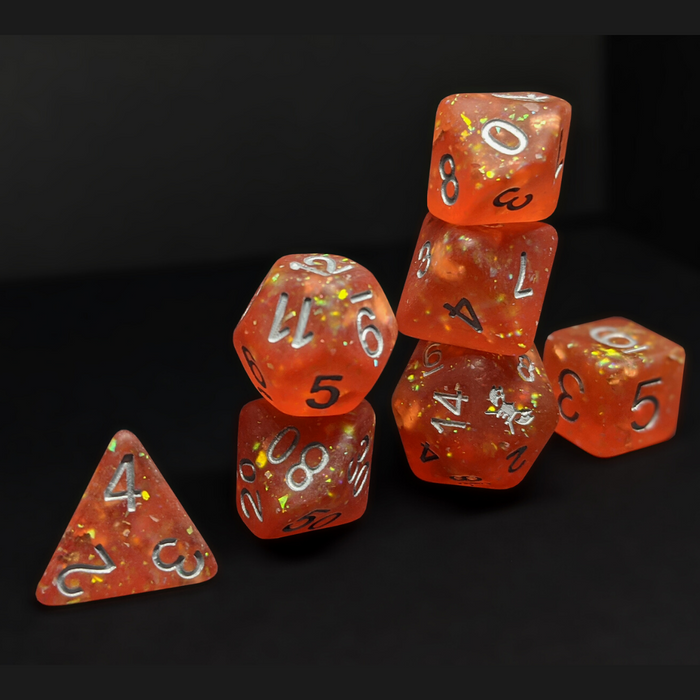 Frosted Andrar's Fury™️ - Orange with Foil Inclusions and Silver Numbers Dice Set