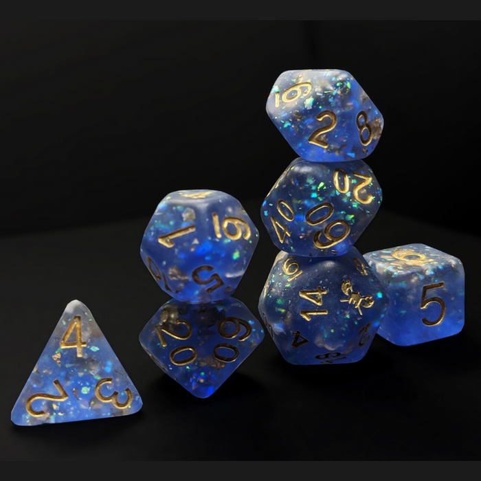 Frosted Mermaid's Blessing™️ - Dark Blue with Foil Inclusions and Gold Numbers Dice Set