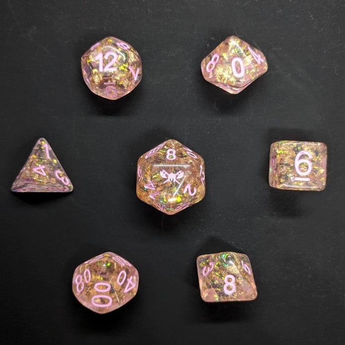 Pixie's Promise™️ - Light Pink with Foil Inclusions and Pink Numbers Dice Set
