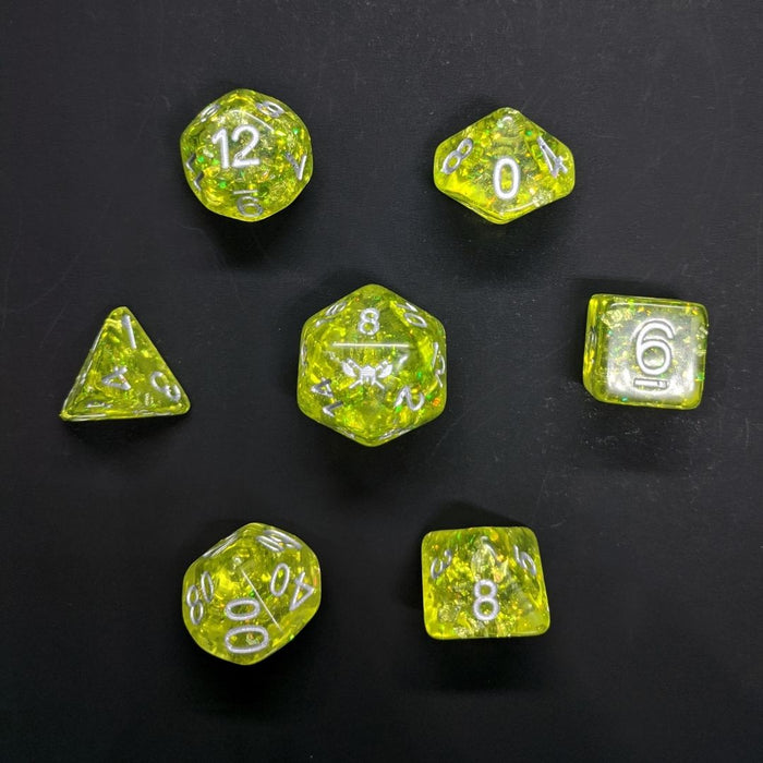Feywild's Echo™️ - Yellow with Foil Inclusions and Silver Numbers Dice Set