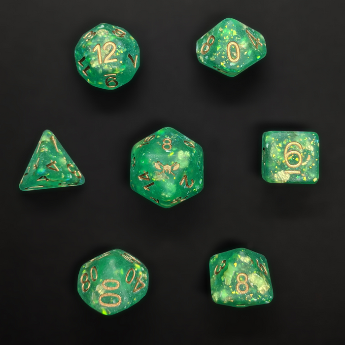 Frosted Fey Lord's Boon™️ - Green with Foil Inclusions and Gold Numbers Dice Set