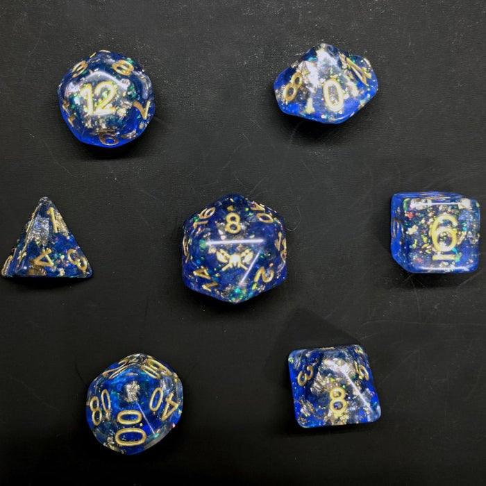 Mermaid's Blessing™️ - Dark Blue with Foil Inclusions and Gold Numbers Dice Set
