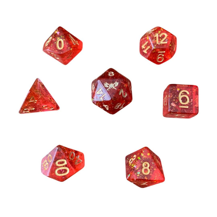 Andrar's Fury™️ - Orange with Foil Inclusions and Gold Numbers Dice Set