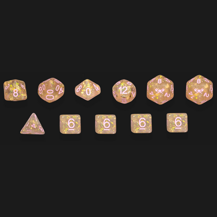 Frosted Pixie's Promise™️ - Light Pink with Foil Inclusions and Pink Numbers Dice Set