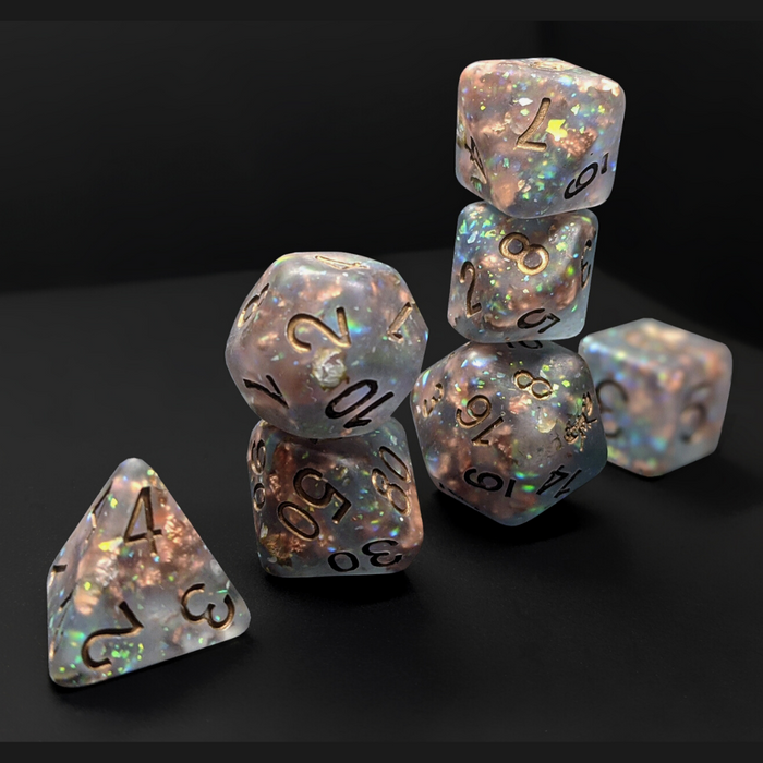 Frosted Medusa's Mirror™️ - RPG Dice with Foil Inclusions and Copper Numbers Dice Set