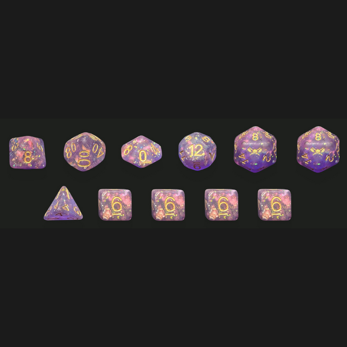 Frosted Astral Sliver™️ - Purple with Foil Inclusions and Gold Numbers Dice Set
